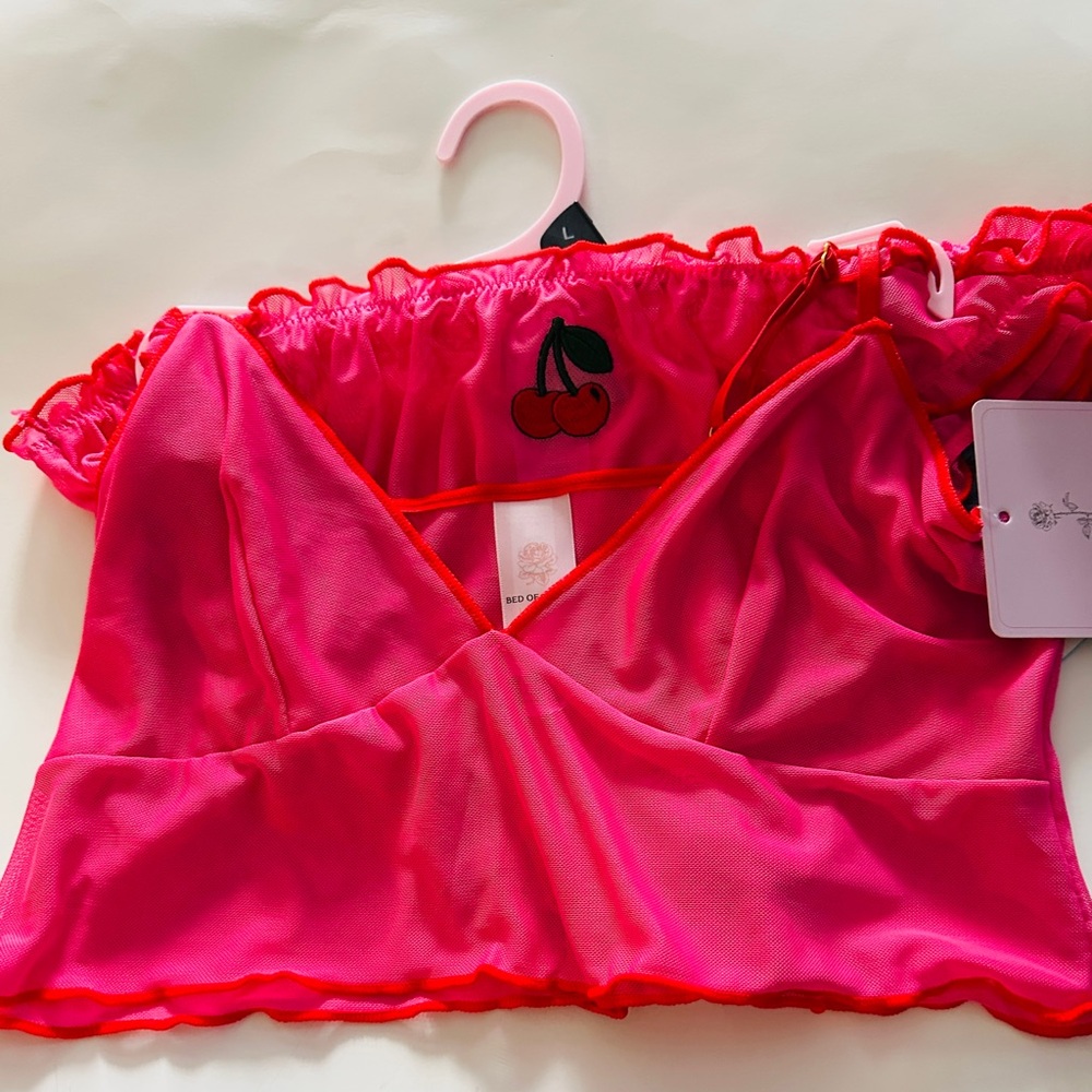Bed of Roses Bralette Set Lingerie Sexy Cherry Red Embroidered Pink Sz Large NWT - Picture 3 of 6